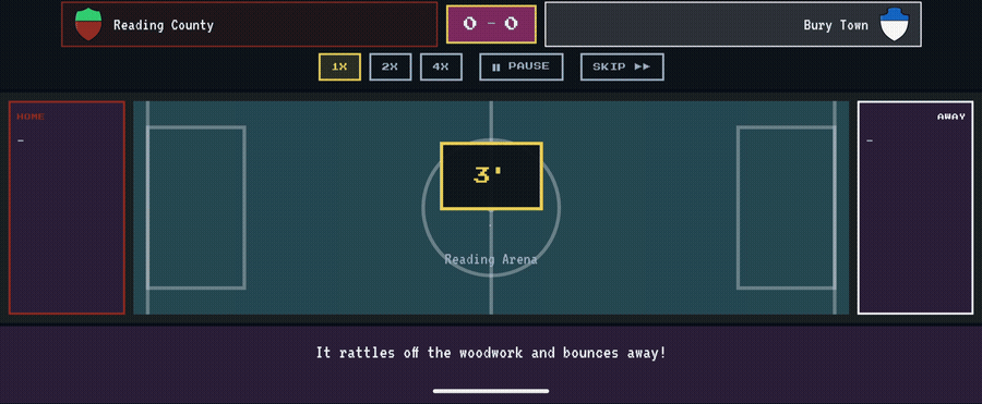 2D matchday pitch — live match ticker with 1x/2x/4x speed controls, minute counter, live commentary, and running scoreline