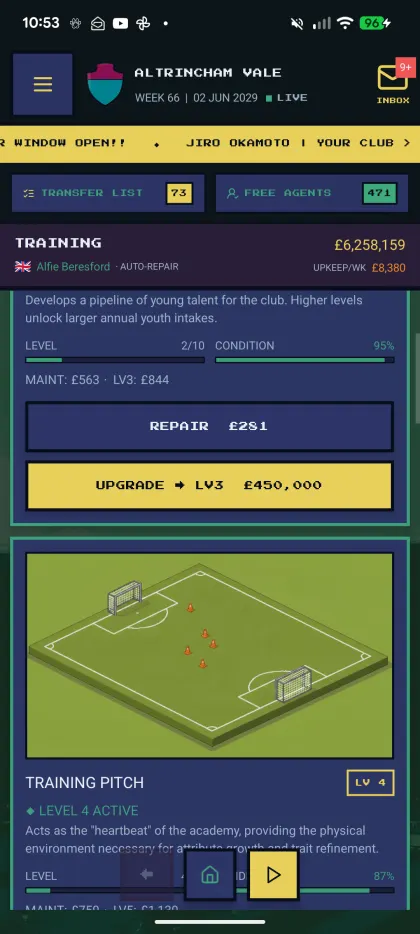Isometric level four training pitch with condition and upgrade costs