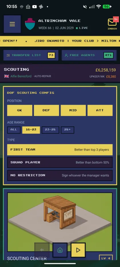 Director of football scouting configuration by position, age band and squad role
