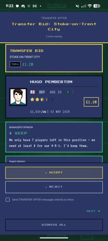 Incoming transfer bid of £1.2m with the manager advising against the sale