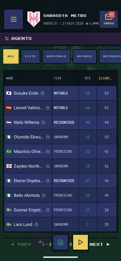 Agent directory — Elite, Reputable, Notable, Recognised tabs with tier, rating and client list columns