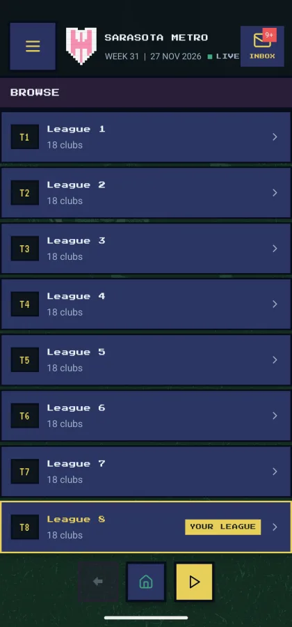 Browse Leagues screen — all eight tiers listed with clubs per division and your current league highlighted