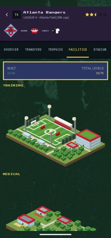 A rival club facilities tab — facilities built out of the full catalogue, total levels across the campus
