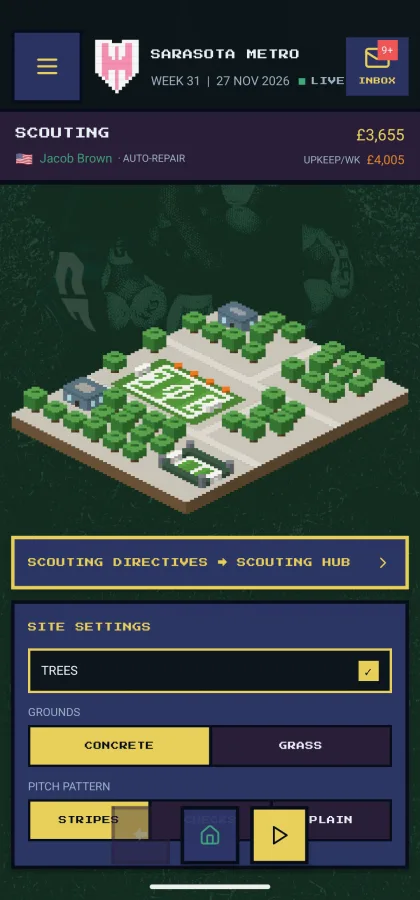 Scouting sector screen — isometric Scouting Centre complex, with a link through to Scouting Directives