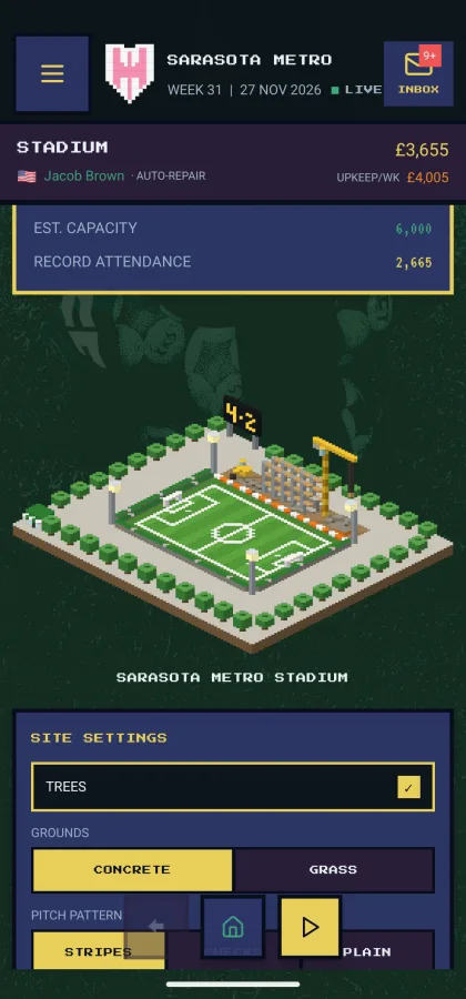 Stadium sector screen — estimated capacity 6,000, record attendance 2,665, isometric stadium render below