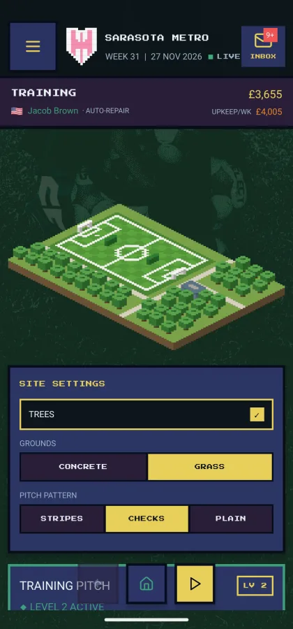 Training sector screen — isometric Training Pitch at level 2, with ground and pitch-pattern site settings