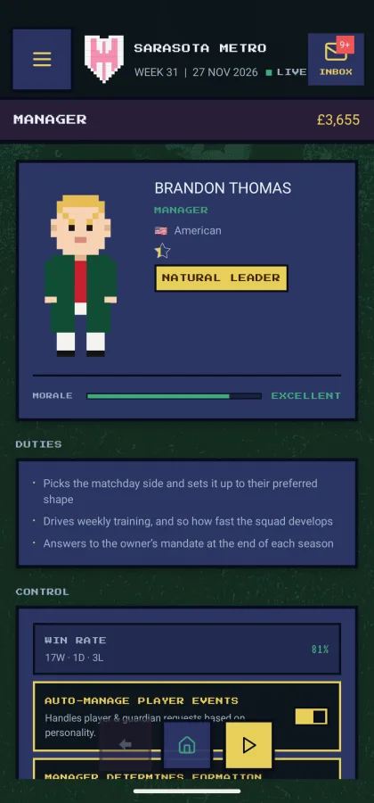 Manager staff screen — matchday selection, training pace, win rate, auto-manage player events toggle