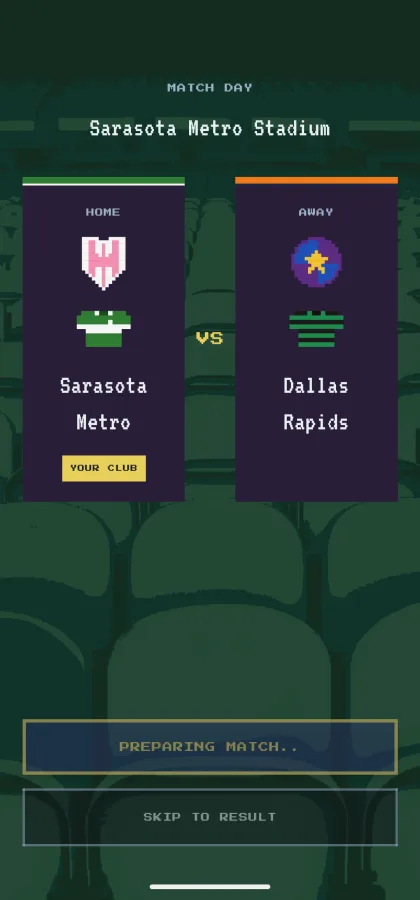 Pre-match screen — home and away crests and kits, preparing match or skip to result