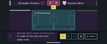 Live matchday ticker — 2D pitch with running scoreline, minute counter and commentary at 1x, 2x or 4x speed