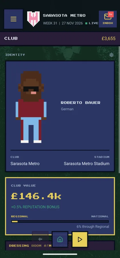 Club identity screen — owner avatar, nationality, club and stadium name, club value and reputation progress