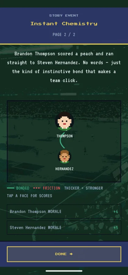 Story event "Instant Chemistry" — a scored goal triggers a bonding moment between two players, each gaining morale