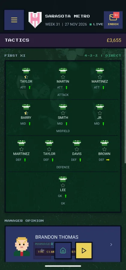 First XI in a 4-3-3 direct formation with star ratings and form arrows per player